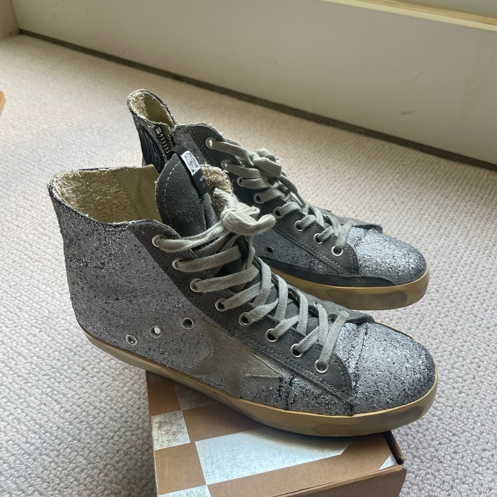 Golden Goose 38 Silver Glitter High-Top Sneakers - Picture 2 of 10